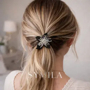 Sue Fabric Pink Flower Ponytail Holder with Rhinestones 2 Elastic Hairbands Whimsical Accessory for Sparkle and Style