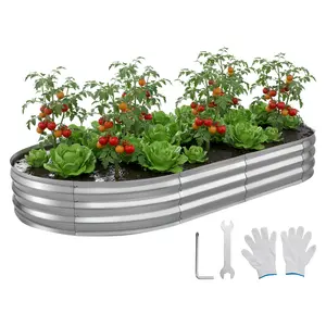 VEVOR Galvanized Raised Garden Bed, 8 x 4 x 1 ft, Oval Metal Planter Box Kit Outdoor, Bottomless Elevated Garden Box with Gloves, Rustproof Alu-Zinc, for Planting Flowers Fruits Vegetables, Silver