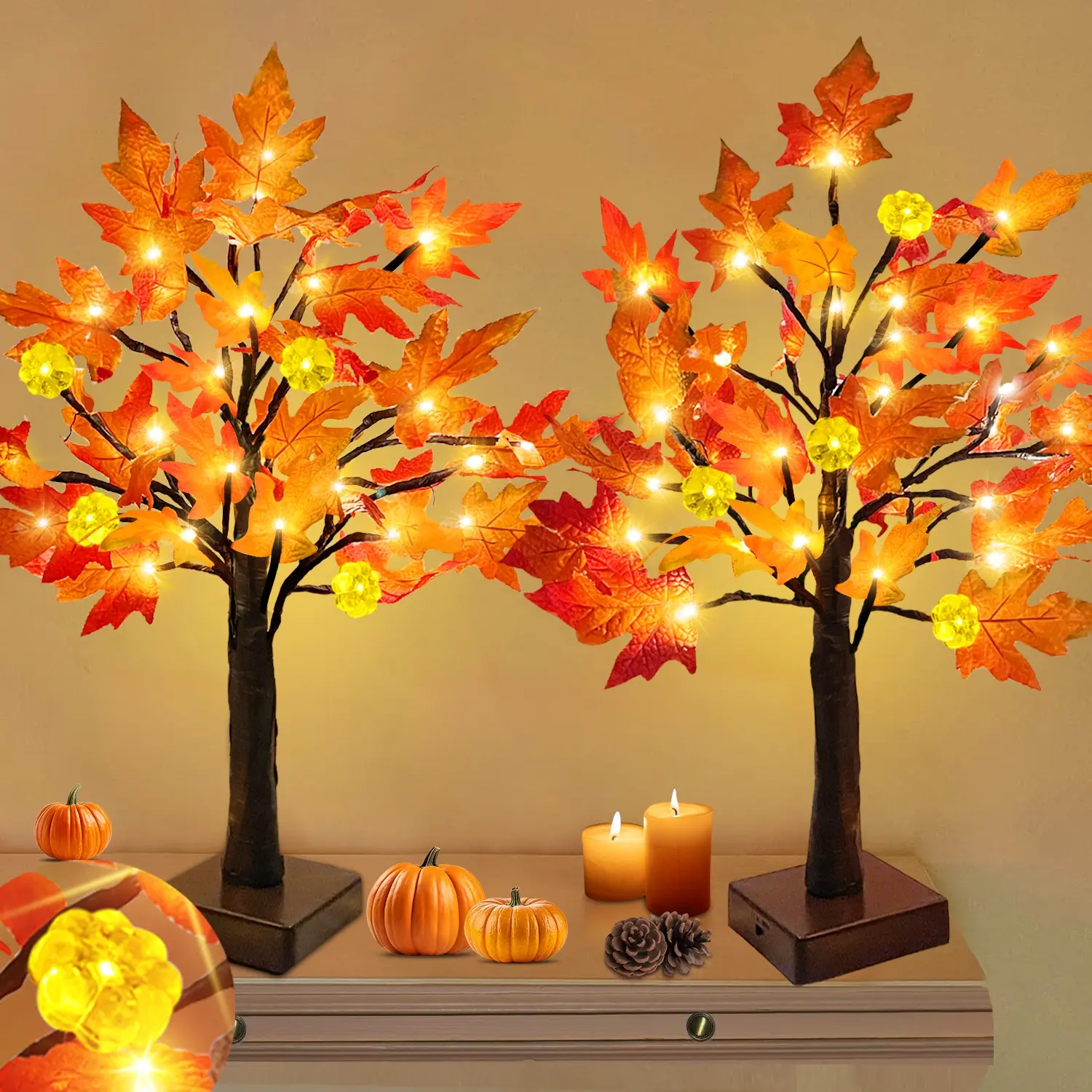 Fall Decor -2 Pack 24 Inch Prelit Fall Lighted Maple Tree 48 LED Timer Table Lights,  Pumpkin Lights Battery Operated for Wedding Party Autumn Fall Decorations for Home Harvest Indoor Outdoor
