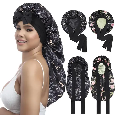 Double Layer Satin Bonnet for Sleeping - Silk Like Texture, Elastic Tie Band, Curly Hair Nightcap, Smooth Haircare, Reusable, 100% Polyester, 55cm Cap Circumference, 94cm Length, 35cm Width, 61cm Rope Length, 6.5cm Rope Width, Frizz, Heatless