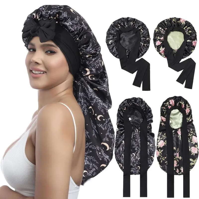 Double Layer Satin Bonnet for Sleeping - Silk Like Texture, Elastic Tie Band, Curly Hair Nightcap, Smooth Haircare, Reusable, 100% Polyester, 55cm Cap Circumference, 94cm Length, 35cm Width, 61cm Rope Length, 6.5cm Rope Width, Frizz, Heatless
