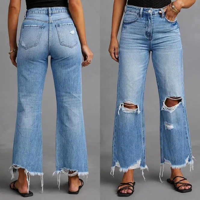 Wide Leg Pants Tassel Water Washed Hole High Waist Jeans Straight Casual Trousers Women's Fit Blue Denim
