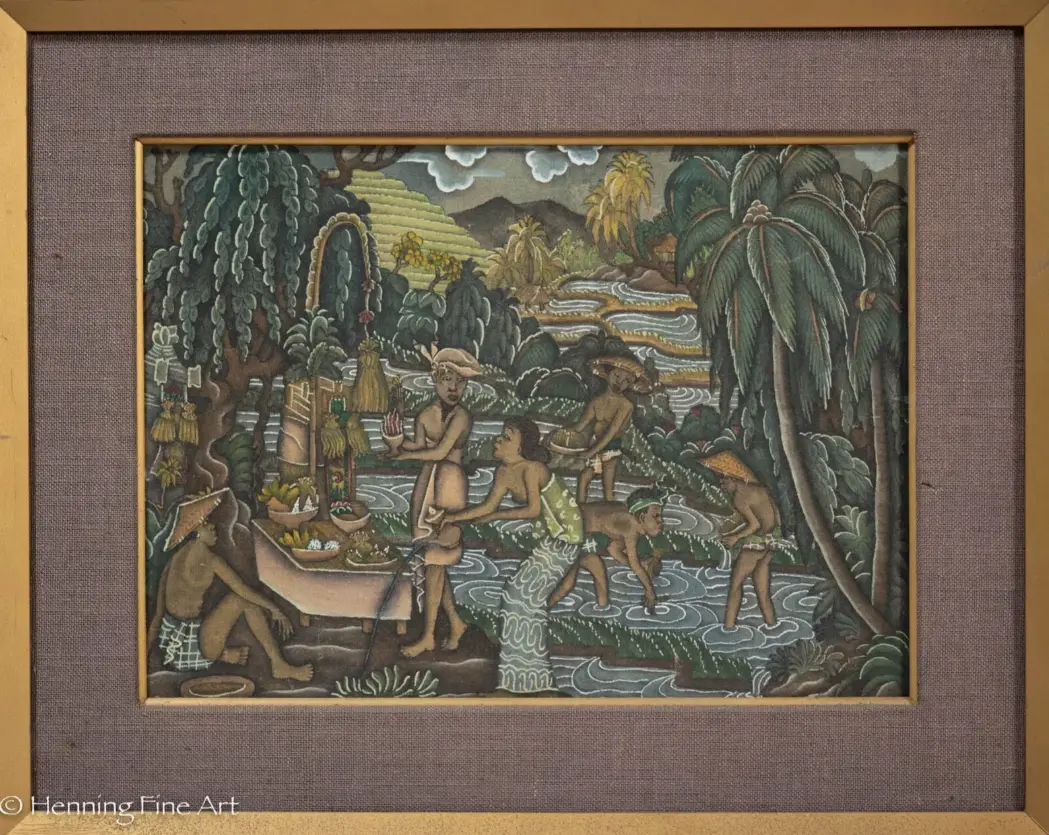 Vintage Indonesian Gouache Painting of Tropical Landscape w/ Figures Farming