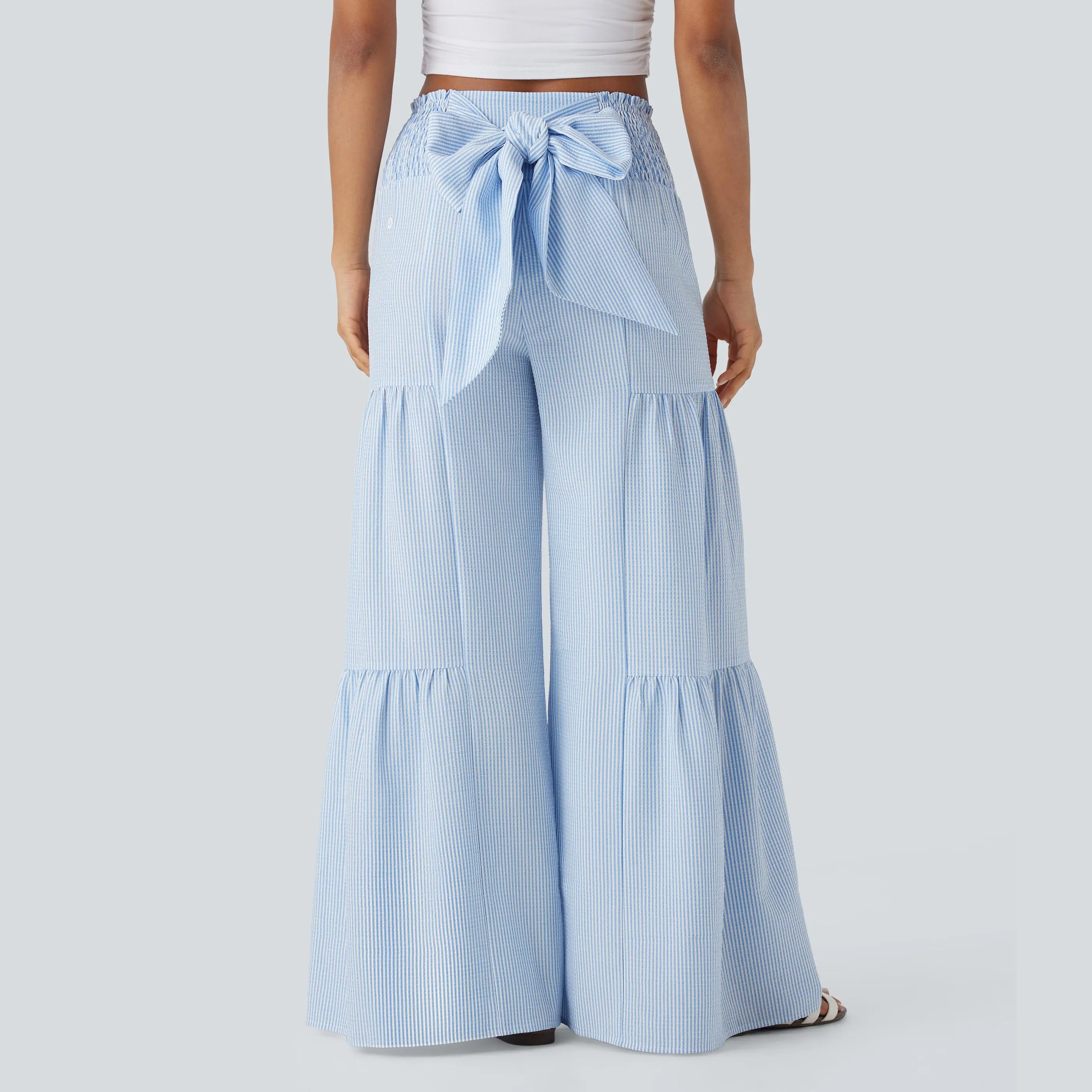 Halara High Waisted Tie Back Shirred Wide Leg Flowy Stripe Casual Pants