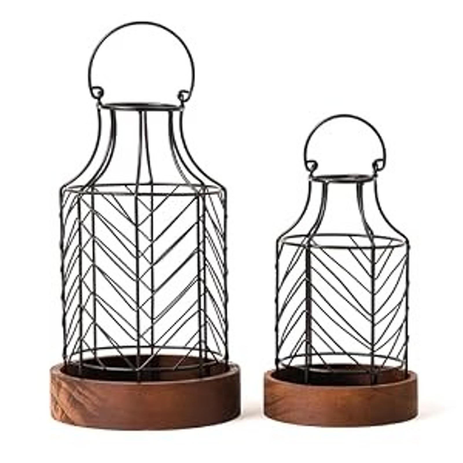 2-Piece Rustic Farmhouse Metal Candle Lantern Set with Lightweight Wooden Base, Home Decor Centerpiece for Living Room, Ideal Gift for Indoor Outdoor Use