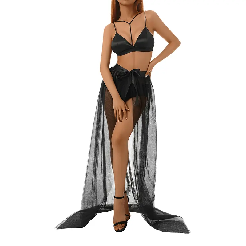 Women Sexy Tutu Mesh Skirts, See-throung Maxi Skirts, Solid Color High Waist Skirt