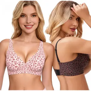 XWBB Jelly Bra Girlfriend Comfortable Bra, Full Cup Design, Lift up Bra, High Comfort, No Steel Rim, Soft Pads, Leopard Pattern Bra, Seamless T-shirt, Deep V Daily Bra, Breathable and Elastic, Suitable for Daily Wearing