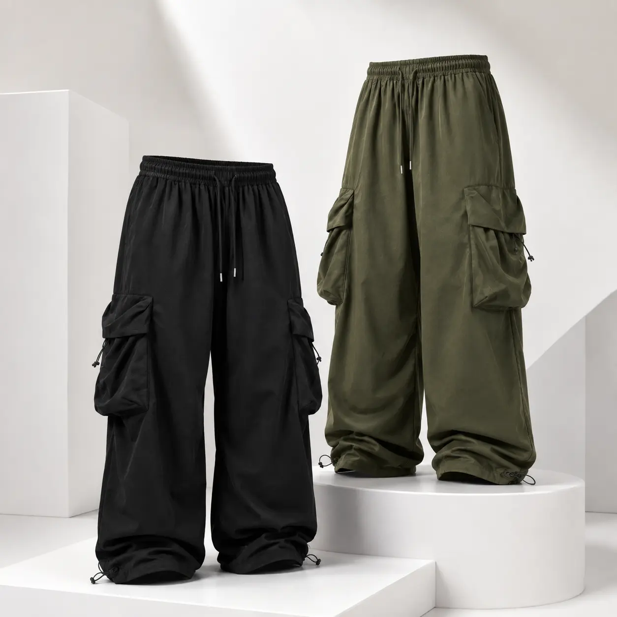 Baggy Parachute Cargo Pants, Elastic Waist Drawstring Wide Leg Trousers, Big Side Pockets Street Casual Pants For Unisex