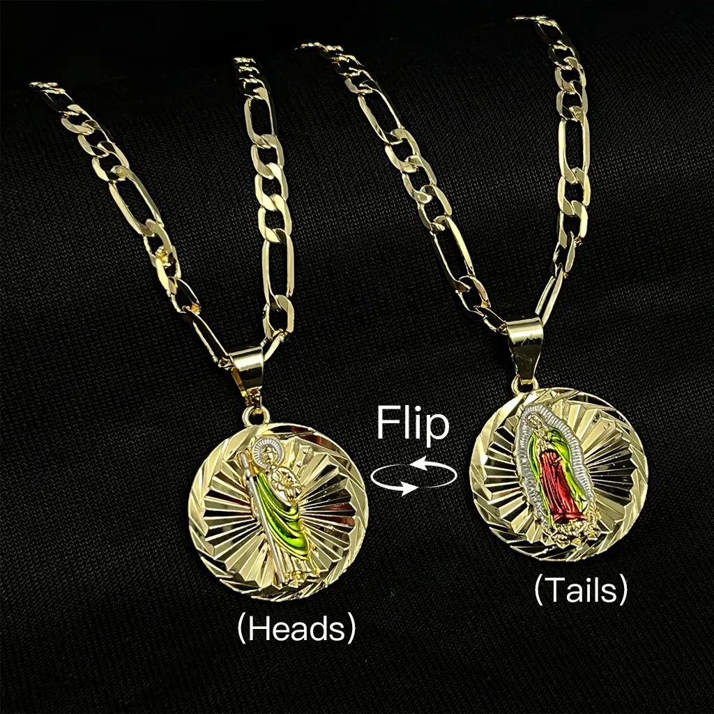 1Pcs 14K Gold Plated San Judas & Virgin Mary Double Face Medal Pendant Necklace, Religious Catholic Jewelry,Sunburst Design,One Chain One Pendant