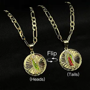 1Pcs 14K Gold Plated San Judas & Virgin Mary Double Face Medal Pendant Necklace, Religious Catholic Jewelry,Sunburst Design,One Chain One Pendant