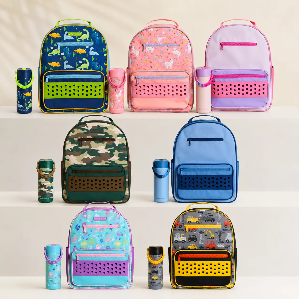 Elemental Back to School Buddy Backpack & Core Pop 18 oz Water Bottle Matching, Same Design Set for Kids Boys Girls, Leak-Proof Stainless Steel