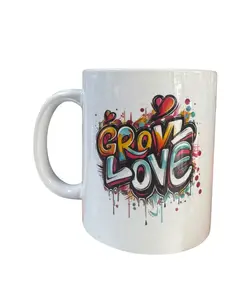 Ceramic Coffee Mug, White, 11 oz, Graffiti Art 'Grow Love' and 'Choose Happy' Design