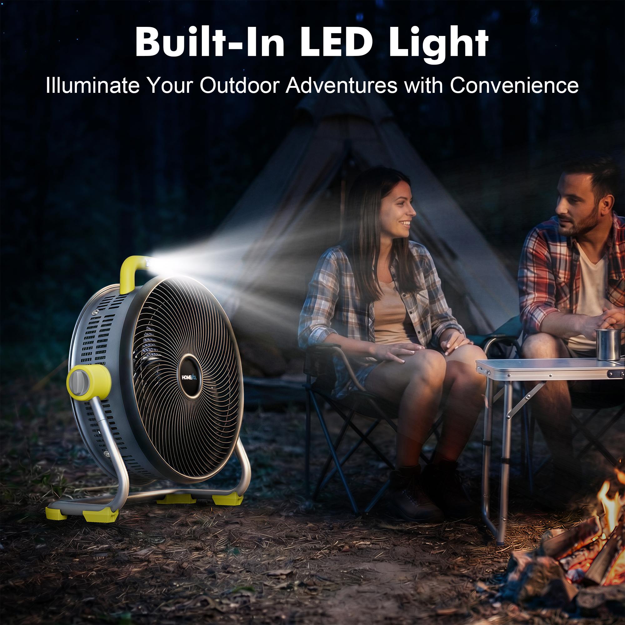 HOMEVOL 20 Inch High Velocity Cordless Floor Fan, 18.5V 5.2Ah Rechargeable Battery Powered 4000 CFM Industrial fan with Carry Handle & Led Light, 6-Speed, 180° Adjustable Tilt, Up to 30 Hours, UL Listed