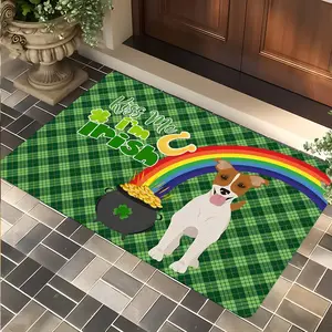 St. Patrick's Day Jack Russell Terrier Doormat, Green Plaid Shamrock Pot of Gold Rainbow Entryway Rug, Non-Slip Low-Profile Floor Mat for Indoor Outdoor, Irish Themed Home Entrance Decor, Perfect Gift for Terrier Lovers & St. Patrick's Day Fans
