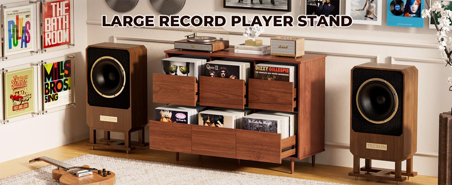 BROTTAR Large Record Player Stand with Vinyl Storage Up to 550 Albums, 2-Tier Record Storage Cabinet, Mid Century Turntable Stand, Vinyl Record Storage with Shelves for Bedroom, Living Room, Office (Walnut)