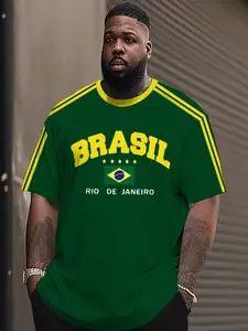 Men's Plus Size Brazil National Team Soccer Jersey, 3D Digital Print Fan Apparel, Breathable Polyester Knit T-Shirt for World Cup & Daily Wear