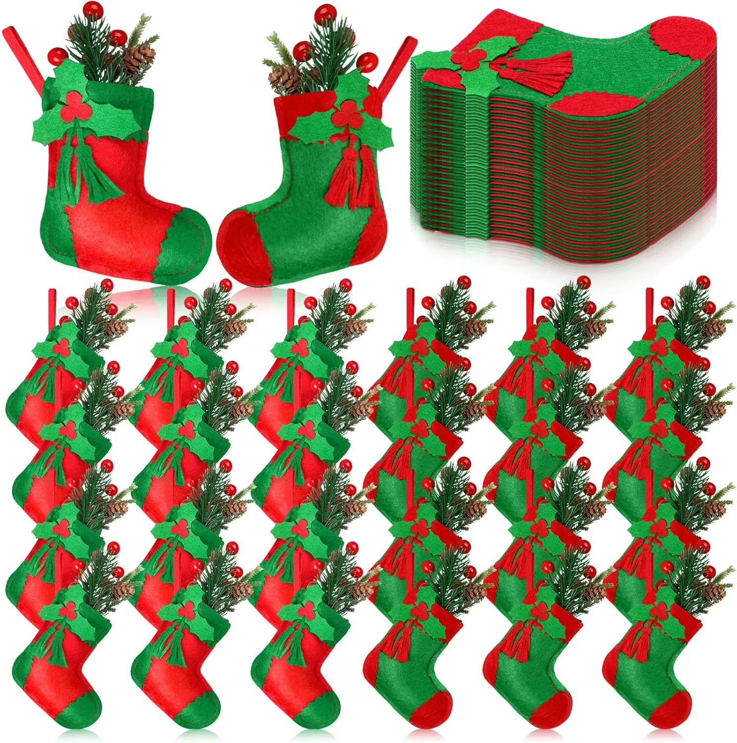 Geyoga 48 Pcs Red and Green Mini Christmas Stockings Bulk 5 Inches Holly Berry Mini Gift Stockings Fireplace Hanging Stocks Small Felt Elf Christmas Stocks Ornaments Decor for Xmas Tree Fireplace