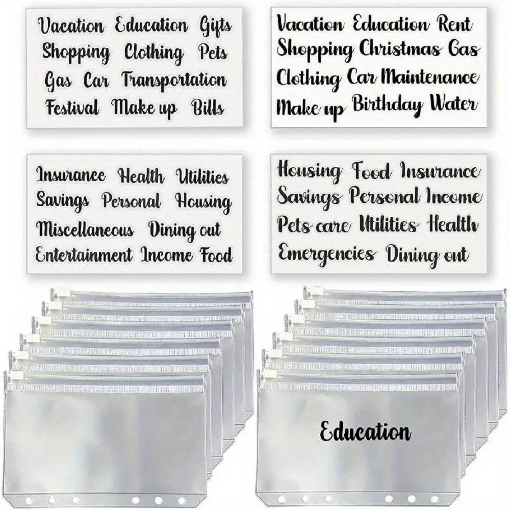 A6 Clear Zip Envelope Set, 12pcs Binder Pockets & 4 Counts Self Adhesive Labels Stickers for Budget Planning, Money Saving Binder Pockets