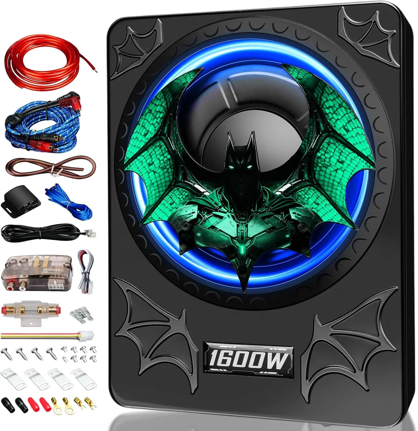 10-Inch Car Audio Subwoofer - Enclosed Slim Hideaway Bass Box with Built-In Amp, 1600W Peak, Green Bat Grille, Complete Wiring Kit, LED Light for Truck SUV Car Audio Bundle