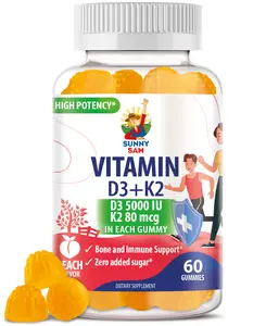 Sunny Sam Sugar-Free Vitamin D3 K2 Gummies - D3 5000 IU & K2 80mcg per Serving, Peach Flavor Chewable Supplement for Adults, Immune & Bone Support, Zero Added Sugar, Vegan, Halal, Gluten-Free, No Gelatin, High Potency, Daily Wellness, 60-Day Supply