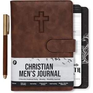 Leather Christian  Prayer Journal For Men - Study Scripture Notebook & Planner Daily Devotional Undated | Religious  Faith Gifts for Graduation, Pastor Baptism & Church, Cross