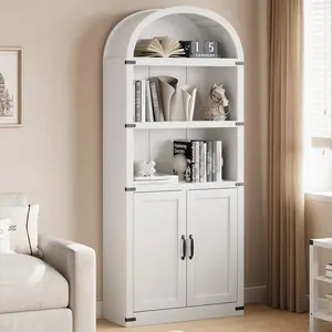 71.65" Tall Arched Bookcase with Doors, Farmhouse Cabinet with Shelves – Off White Wooden Bookshelf for Home Office or Living Room