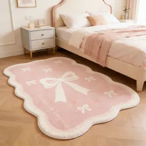 Sweet Style Bow Bedside Plush Carpet Ins Style Wavy Edge Living Room Bay Window Carpet Pink Cream Style Bedroom Decoration Rug Home Fluffy and Soft Cloakroom Non-slip Floor Mat Fluffy Rugs