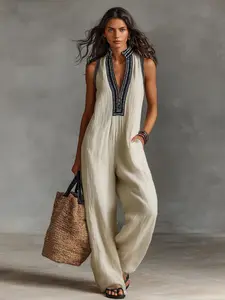 Women’s Linen Blend Jumpsuit – Sleeveless Embroidered V-Neck Wide Leg Romper, Casual Boho Vacation Outfit, Summer Resort Wear