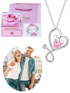 MUSEI Fashion Women's Necklace, Heart-Shaped Stethoscope Pendant, Rose Flower Gift Box Included, Birthstone Inlaid, Suitable for Healthcare Workers