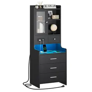 Sikaic Tall Black Bedside Table with Charging Station, Drawers, Glass Door, LED Light & Bookshelf, Indoor Furniture End Side Storage Table