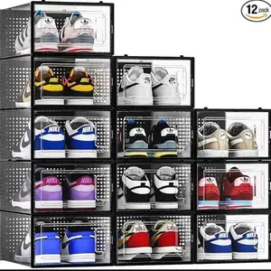 12 pack shoe storage bins, Clear storage stackable containers, space saving stackable shoe rack, shoe box sneaker container