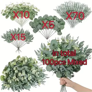100pcs Mixed Artificial Flowers with Eucalyptus Stems, Four Types of Eucalyptus Leaves, DIY Bouquet Decor, Decorative Bouquet, Home & Party Decoration