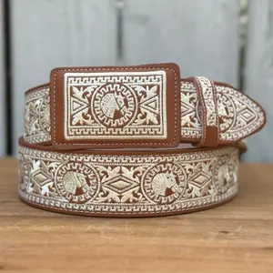 Natural “Caballo” Western Style Belt Made with Genuine Leather and Embroidery