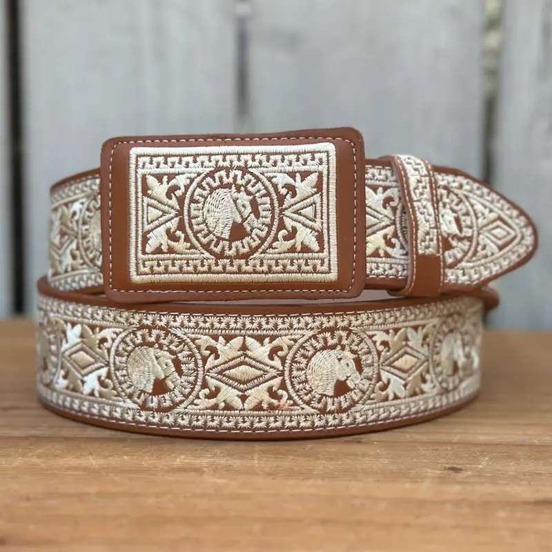 Natural “Caballo” Western Style Belt Made with Genuine Leather and Embroidery