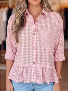 Women's Pink Plaid Half Sleeve Ruffle Hem Button Down Shirt Summer Casual V Neck Collared Blouse Lightweight Soft Viscose Breathable Top Chic Ruffled Detail Shirt for Daily Work Office Vacation Daily Wear