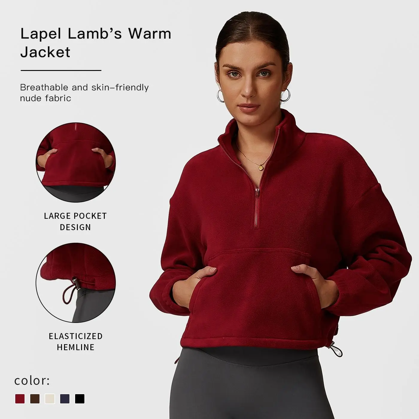 Women's Baggy Basic Half-Zip V-Neck Longsleeve Pullover - Nylon Spandex Sporty Chic Female Wear Athletic Top with Large Pocket for Gym Fashion, Casual Use