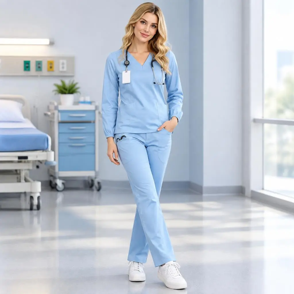 Lightweight Non-Stretchy Women's 2-Piece Long Sleeve Scrub Set, Medical Work Uniform for Operating Room, Oral Dental, Hospital & Clinic Nursing Staff