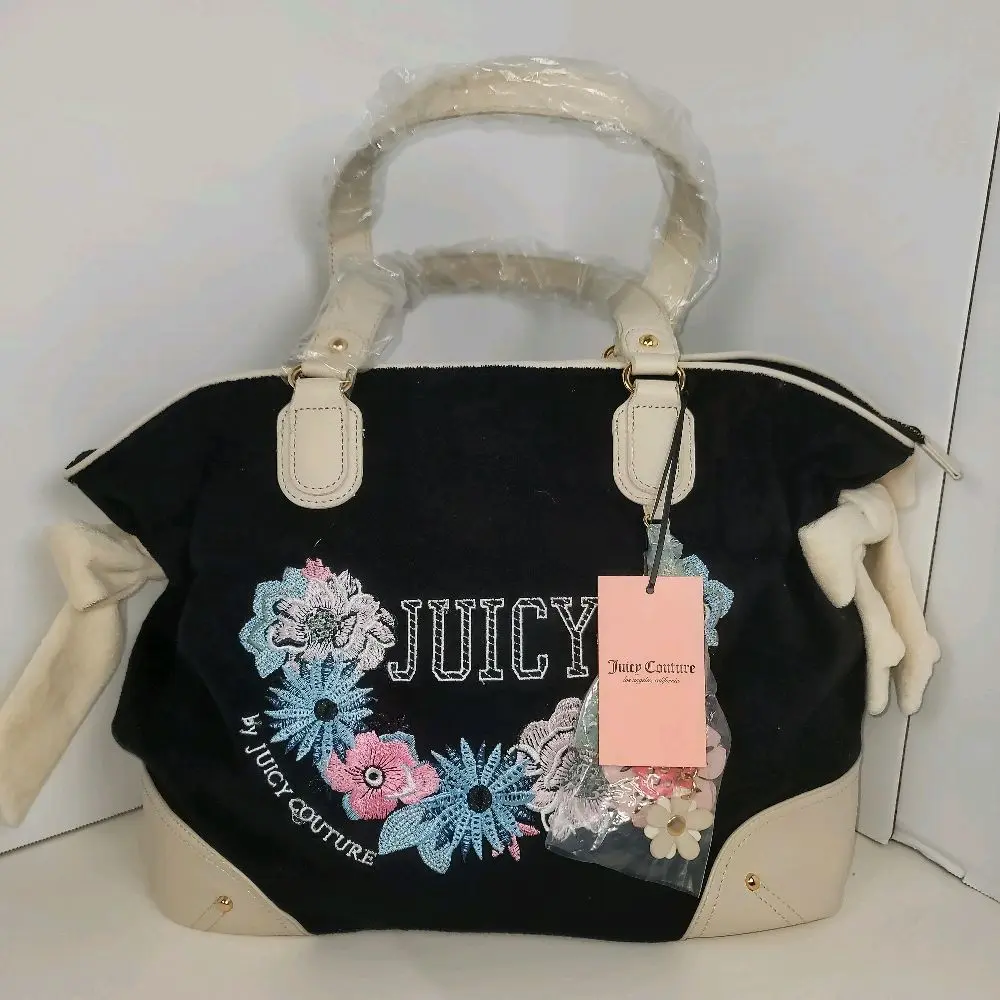 Juicy Couture Y2K Blue Velour Shoulder Tote Bag, Travel-Friendly with Floral Appliqué and Charm