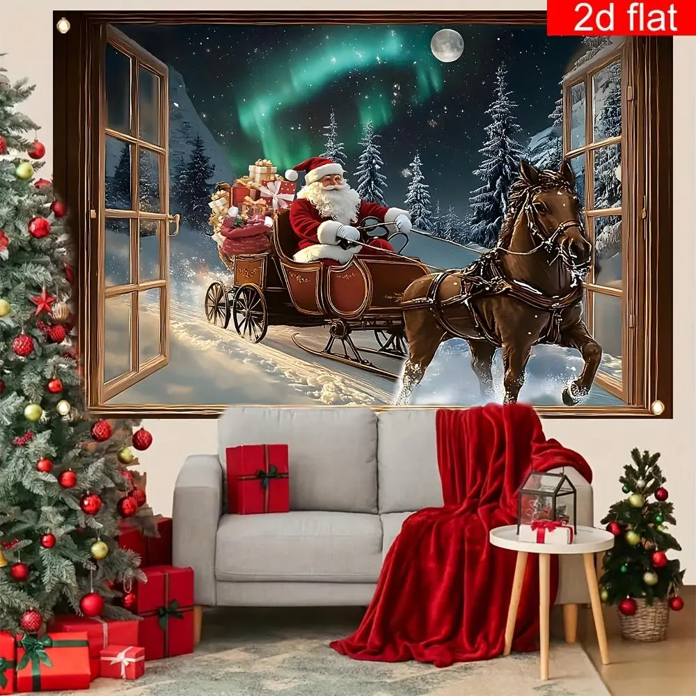 1-Piece Printed Polyester 2D Flat Banner - Christmas Wall Decoration with Santa Claus Riding Aurora Design, Ideal for Holiday Party, Ceremony, Birthday (Home & Outdoor Use)