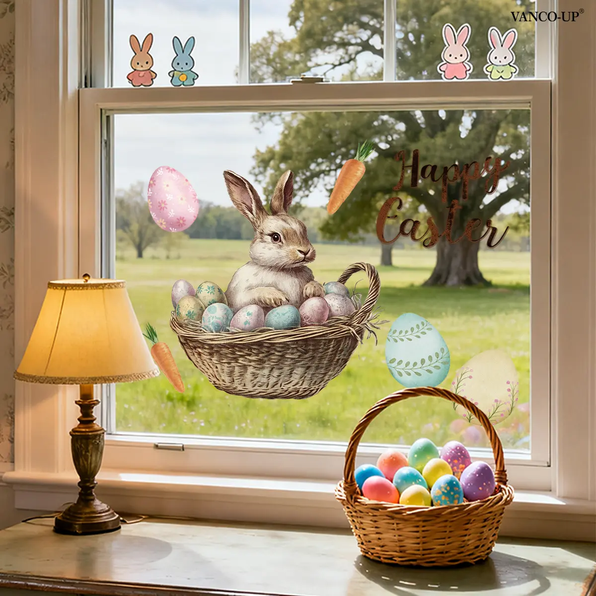 A (30*40cm) Easter bunny, Easter egg, and carrot flat 2D window sticker, window decoration static glass sticker, D21097-NC