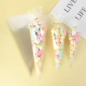 50Pcs Clear Cone-Shaped Treat Bags with Twist Ties - Plastic Cellophane Gift Bags for Candy, Popcorn, Cookies - Wedding, Birthday, Party Favors, Christmas Packaging Supplies