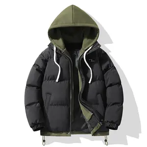 TJL Winter hooded casual fleece-lined men's coat, removable hood, warm color-blocked cotton jacket, couples' style winter cotton coat, outerwear top.