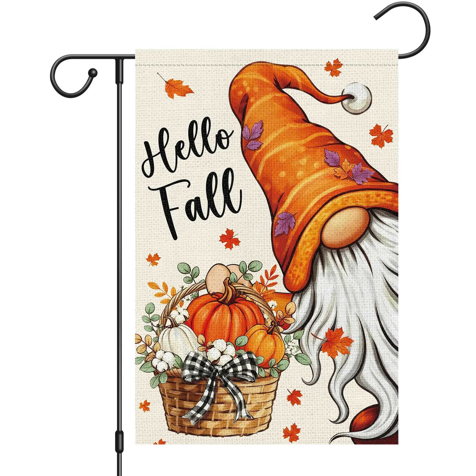 Hello Fall Gnome Garden Flag 12x18 Double Sided Burlap, Autumn Harvest with Pumpkin Maple Leaves Yard Flag for Farmhouse Thanksgiving Rustic Seasonal Outside Outdoor Decoration