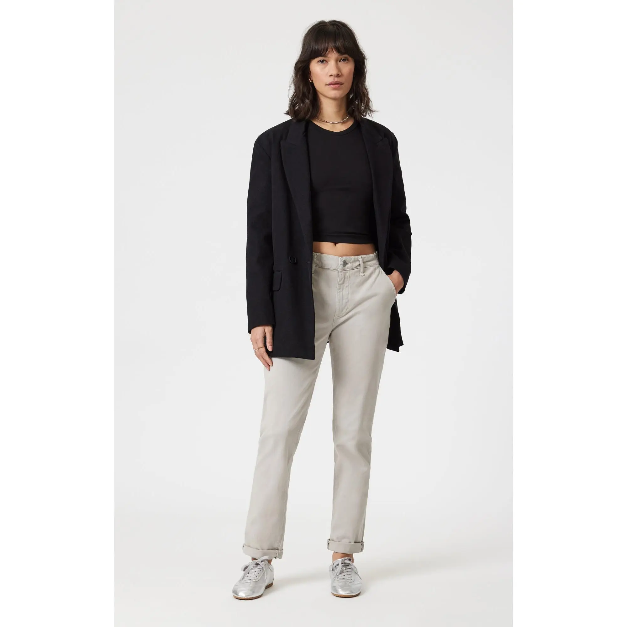 Women's Slim Boyfriend Chinos, Comfortable Mid Rise Tapered Pants in Light Stretch Cotton, a Casual Cuffed Bottom for Women's Fashion, Basic, Fabric, Stretchy Pants, Waistband Pants