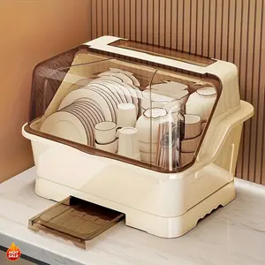 Upgraded Lidded Silverware Storage Box 2025, Space Saving Kitchen Counter Cabinet Cutlery Holder with Water Draining Tray, Cream Color Dustproof Flatware Organizer, Quick Easy to Assemble