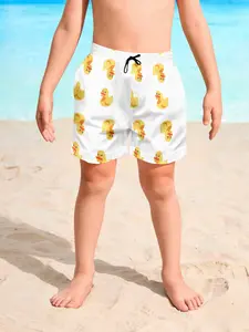Duck Print Quick-Dry Beach Shorts, Swimwear Shorts, Boys Fun Swim Trunks for Water Play and Vacation, Knee-Length Casual Fitted Design