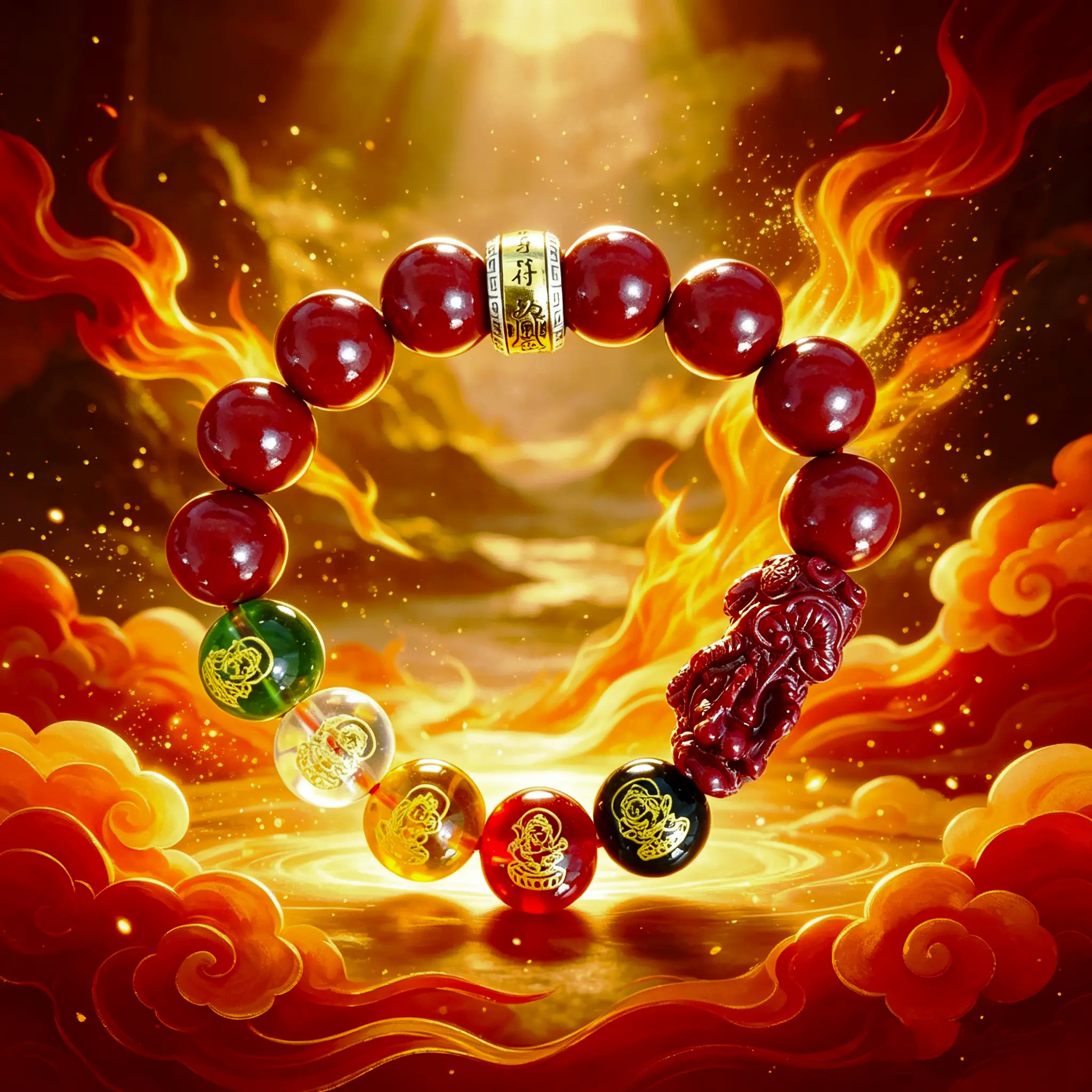 Natural Cinnabar Carved Ornament Beaded Bracelet