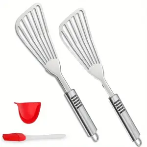 Camping & Hiking Kitchen Premium 4pcs Fish Spatula Set - Thick Stainless Steel Blade, Rust-Resistant, Non-Slip Silicone Handle, Ergonomic Design, Oven-Safe for Grilling, Frying - Ideal for Fish, Meat, Eggs, 4Pcs Set