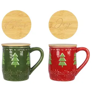 Young's Set of 2 Woodland Lodge Mug with Wood Ld/Coaster Set