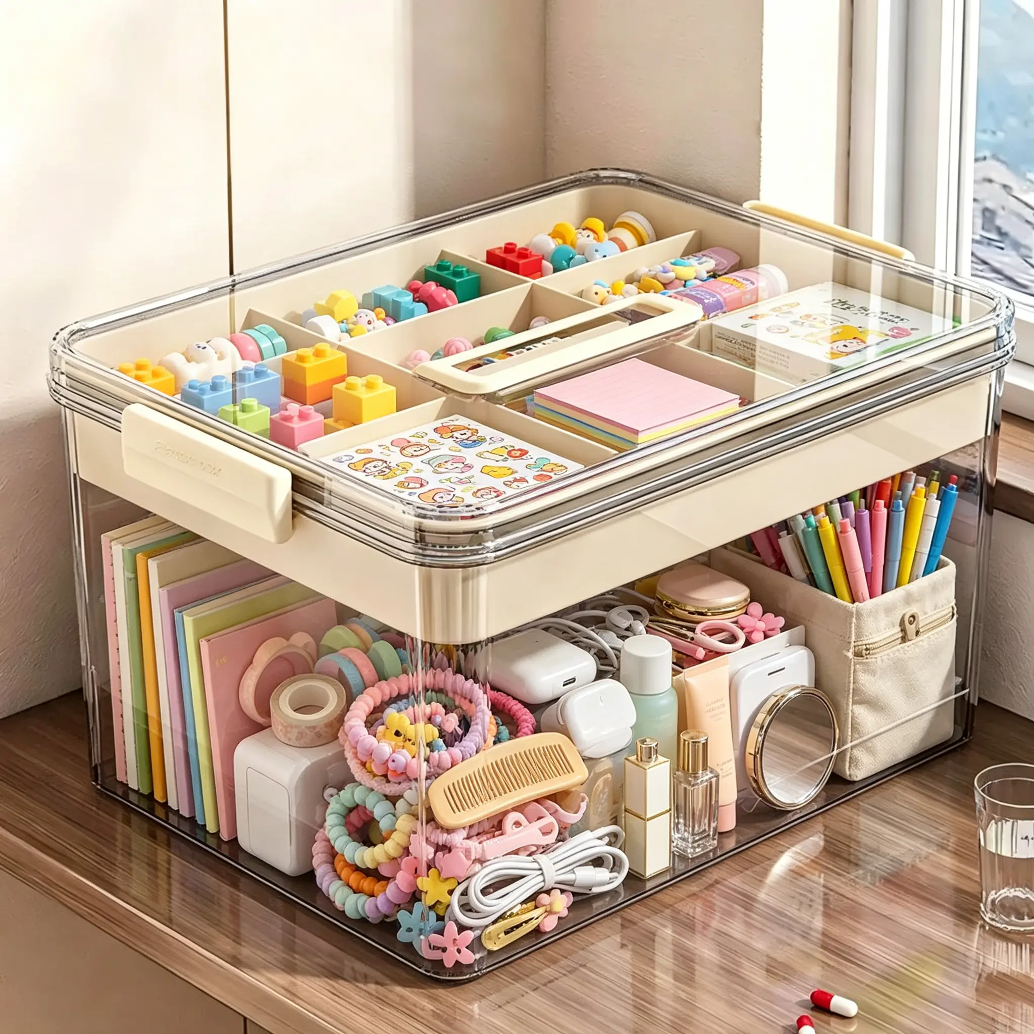 Transparent Rectangular Grid Layout Storage Box (11/17QT, 11.4x8.27x6.7") - Organiser with Removable Trays, Adjustable Dividers, Dust-Proof Compartments for Home Storage, Toys/Crafts, Back-to-School Supplies